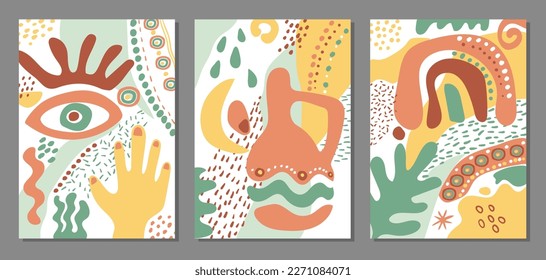 Boho wall art. A set of abstract posters, covers. Wall prints for the interior. Rainbow, clay pot, leaves, hand and eye. Organic shapes, spots and dots. Pastel colors. Vector illustration.