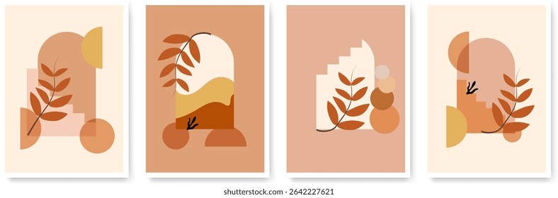 Boho wall art vector set. Earth tone boho foliage line art drawing.