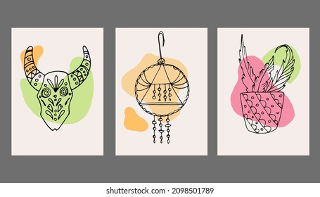 Boho wall art vector set.Artistic drawing of the foliage line with an abstract shape of different colors.