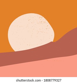 Boho wall decor. Abstract aesthetic backgrounds landscapes with sunrise or sunset at dusk. Earth tones, pastel colors. Modern minimalist art print.