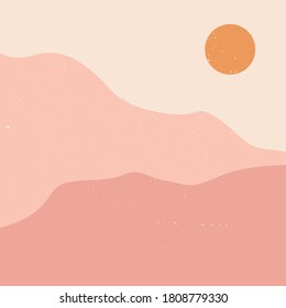 Boho wall decor. Abstract aesthetic backgrounds landscapes with sunrise or sunset at dusk. Earth tones, pastel colors. Modern minimalist art print.