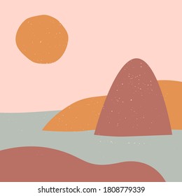 Boho wall decor. Abstract aesthetic backgrounds landscapes with sunrise or sunset at dusk. Earth tones, pastel colors. Modern minimalist art print.