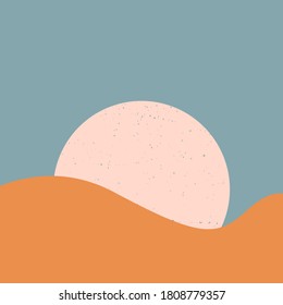 Boho wall decor. Abstract aesthetic backgrounds landscapes with sunrise or sunset at dusk. Earth tones, pastel colors. Modern minimalist art print.