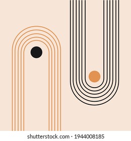 Boho wall decor. Abstract contemporary aesthetic background with geometric balance shapes and sun. Mid century modern print. Neutral minimalist art. 