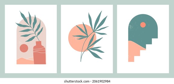 Boho wall decor poster set. Mid-century modern minimalist prints in natural colors. Abstract aesthetic landscape in an arch with desert, sunset or moon, palm branch, stairs. Design for cover.
