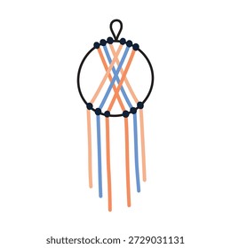 Boho wall hanging with ring, knots and ropes, macrame interior decoration. Flat cartoon vector illustration for home decor themes, handmade lifestyle, icon for craft projects, posters, prints