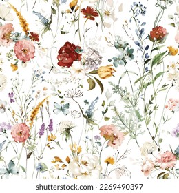 Boho Watercolor Flower, Seamless Pattern, Garden Flowers, Floral svg
