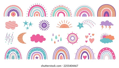 Boho weather elements, rainbow and clouds. Colorful cartoon rainbows, decorative baby stickers. Cute elements for diary or notes decor, decent vector set