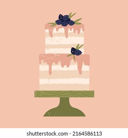 Boho Wedding Or Birthday Cake With Blackberry. Naked Wedding Cake. Delicious Dessert Aesthetic. Sweet Holiday Food. Vector Illustration In Cartoon Style. Isolated Pink Background