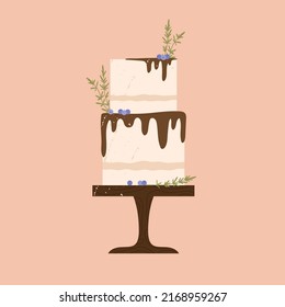 Boho Wedding Or Birthday Cake With Blueberries And Chocolate Icing. Naked Wedding Cake. Delicious Dessert Aesthetic. Sweet Holiday Food. Vector Illustration In Cartoon Style. Isolated Pink Background