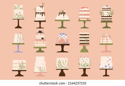 Boho Wedding Or Birthday Cake Collection. Pressed Flower Summer Wedding Cake Set. Delicious Desserts Aesthetic. Sweet Holiday Food. Vector Illustration In Cartoon Style. Isolated Pink Background