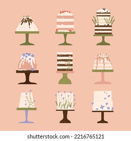 Boho Wedding Or Birthday Cake Collection. Pressed Flower Summer Wedding Cake Set. Delicious Desserts Aesthetic. Sweet Holiday Food. Vector Illustration In Cartoon Style. Isolated Pink Background	