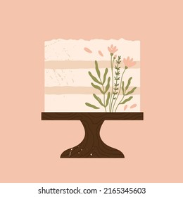 Boho Wedding Or Birthday Cake. Pressed Flower Summer Wedding Cake. Delicious Dessert Aesthetic. Sweet Holiday Food. Vector Illustration In Cartoon Style. Isolated Pink Background