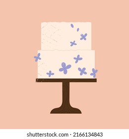 Boho Wedding Or Birthday Cake. Pressed Flower Summer Wedding Cake. Delicious Dessert Aesthetic. Sweet Holiday Food. Vector Illustration In Cartoon Style. Isolated Pink Background