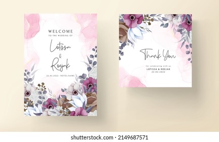 boho wedding invitation card with beautiful flower and leaves