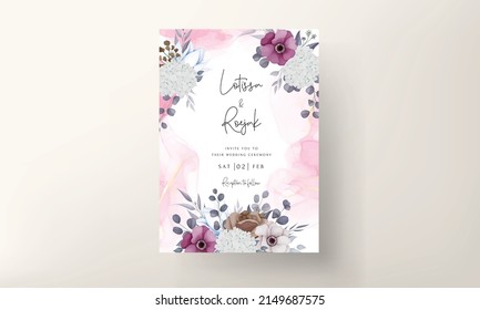 boho wedding invitation card with beautiful flower and leaves