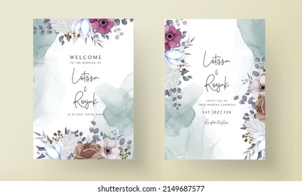 boho wedding invitation card with beautiful flower and leaves