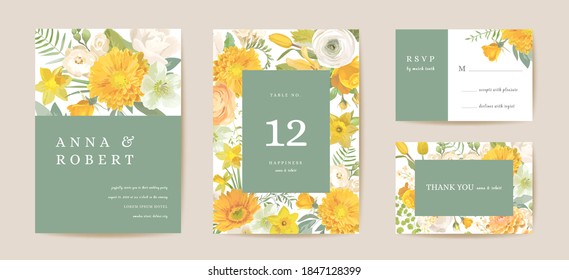 Boho wedding invitation card, vintage Save the Date spring flowers, floral leaves template design watercolor illustration. Vector luxury trendy cover, graphic poster, brochure