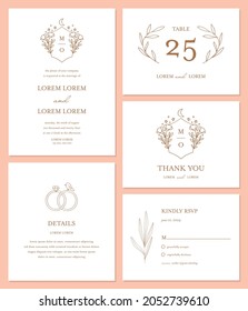 Boho wedding invitation collection featuring detail, rsvp, place card, thank you and invitation card.