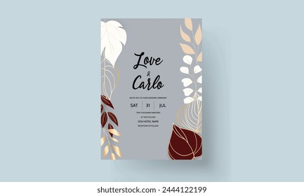 boho wedding invitation with elegant outline gold leaves