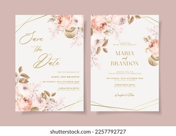 Plantilla de invitación a bodas boho con decoración de flores secas y hojas
