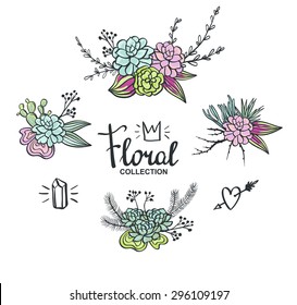 Boho wedding succulents decoration. Floral vector set.