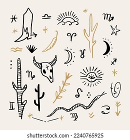 Boho western desert cartoon set. Cowboy boot, bull animal skull, chili pepper, snake, cacti and zodiac astrology symbols. Wild west characters isolated on color background. Vector clip art hand drawn