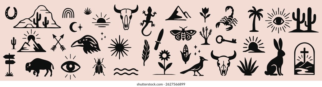 Boho western vector set with cowboy and desert elements — ideal for branding, prints, and creative projects.	
