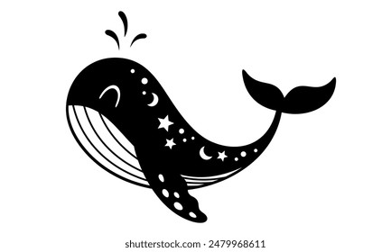 Boho whale clipart in cartoon flat style. Black and white ocean animal clipart. Nautical clipart . Hand drawn vector illustration