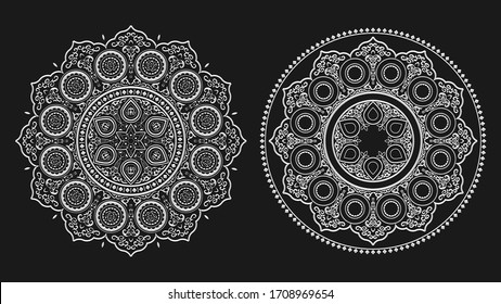 Boho white floral mandala line art , vector set. Yoga vector template, circular pattern. Round mandala isolated on black background