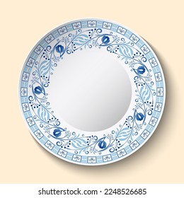 Boho white plate with blue floral ornament Decoration for interior, table setting. Stylized traditional cobalt painting on porcelain. Isolated dish, menu design ethnic plates. Vector illustration