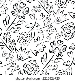 Boho wild meadow flower. butterfly, heart seamless vector pattern background. Scattered flowers,butterflies,hearts monochrome backdrop. Black white painterly brush stroke botanical floral design.