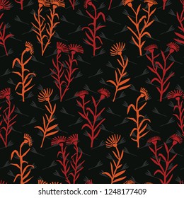 Boho Wildflower Blooms All Over Print Vector. Colorful Floral Stem Seamless Repeating Pattern. Black Red Folk Background. Hand Drawn Fashion Prints, Wallpaper, Stationery, Hipster Garden Packaging.