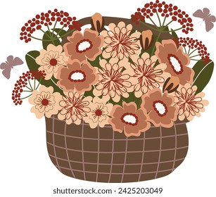 boho wildflowers in basket hand drawn element ornament clipart vector for decoration invitation greeting birthday party celebration wedding card poster banner textiles wallpaper background