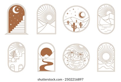 Boho window and desert icons with sun, moon and stars, palms and sea, vector line frames. Boho arches with line mountains, cactus and ladder stairs or river valley in summer night sunset or sun beams