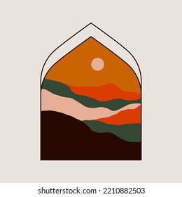 Boho window mountain landscape. Modern minimal islamic arch moon oriental abstract contemporary art. Vector illustration