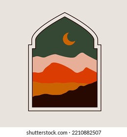 Boho window mountain landscape. Modern islamic arch moon crescent oriental abstract boho art. Vector illustration