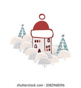 Boho winter holidays elements in hand drawn style. Christmas vector decoration. Scandinavian landscape, house, trees and Christmas trees. Greeting cards, posters, invitation design.