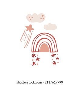 Boho winter holidays elements in hand drawn style. Christmas vector decoration. Scandinavian Christmas snow, cloud, star and rainbow. Greeting cards, posters, invitation design.
