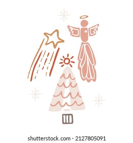 Boho winter holidays elements in hand drawn style. Christmas vector decoration. Scandinavian print with christmas boho decoration elements in retro color. Greeting cards, posters, invitation