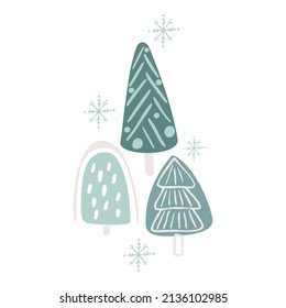 Boho winter holidays elements in hand drawn style. Christmas vector decoration. Scandinavian Christmas landscape, christmas trees and snow in retro colors. Greeting cards, posters, invitation and baby