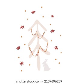 Boho winter holidays elements in hand drawn style. Christmas vector decoration. Scandinavian print with Christmas tree and boho decorative elements in retro color. Greeting cards, posters