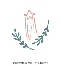 Boho winter holidays elements in hand drawn style. Christmas vector decoration. Scandinavian Christmas print with christmas star in retro color. Greeting cards, posters, invitation