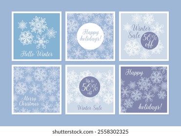 Boho winter square banner set. Merry Christmas sale card collection. Holiday natural background with blue snowflakes for social media post. Modern poster with snow illustration.