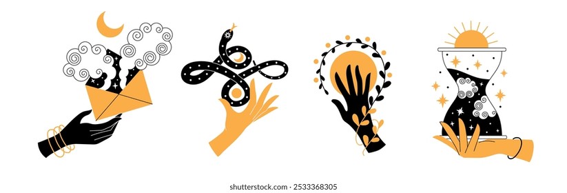 Boho witch hands. Abstract womans minimalistic bohemian style silhouette with mystic esoteric symbols, witchcraft spell ritual. Vector set.