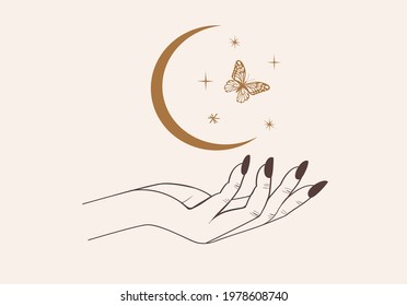 Boho Witch and Magic butterfly, hand, cat, crystal ball symbols cactus sipiritual mystery bohemian tribal desert vibes celestial sun moon retro magical arizona  positive slogan inspiration  motivation
