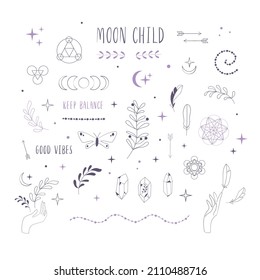 Boho Witch and Magic Collection with hand, crystal and symbols