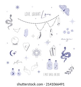 Boho Witch and Magic Collection with hand, crystal and snake. Vector illustrations