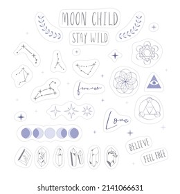 Boho Witch and Magic Collection with stars, crystal and other symbols. Vector illustrations