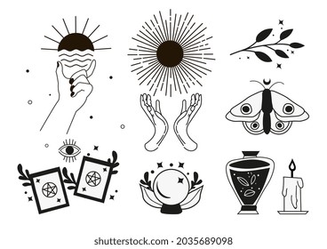 Boho Witch and Magic Collection. Stickers with sun, butterfly, tarot cards, magic ball and candle. Design elements for poster, and social network. Cartoon flat vector set isolated on white background